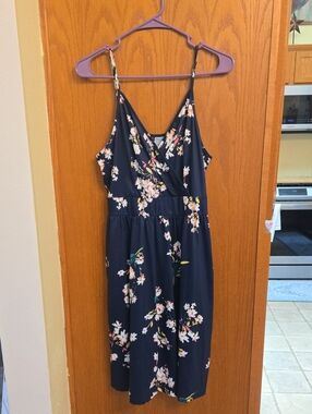 Navy Floral Spaghetti-Strap Midi Dress